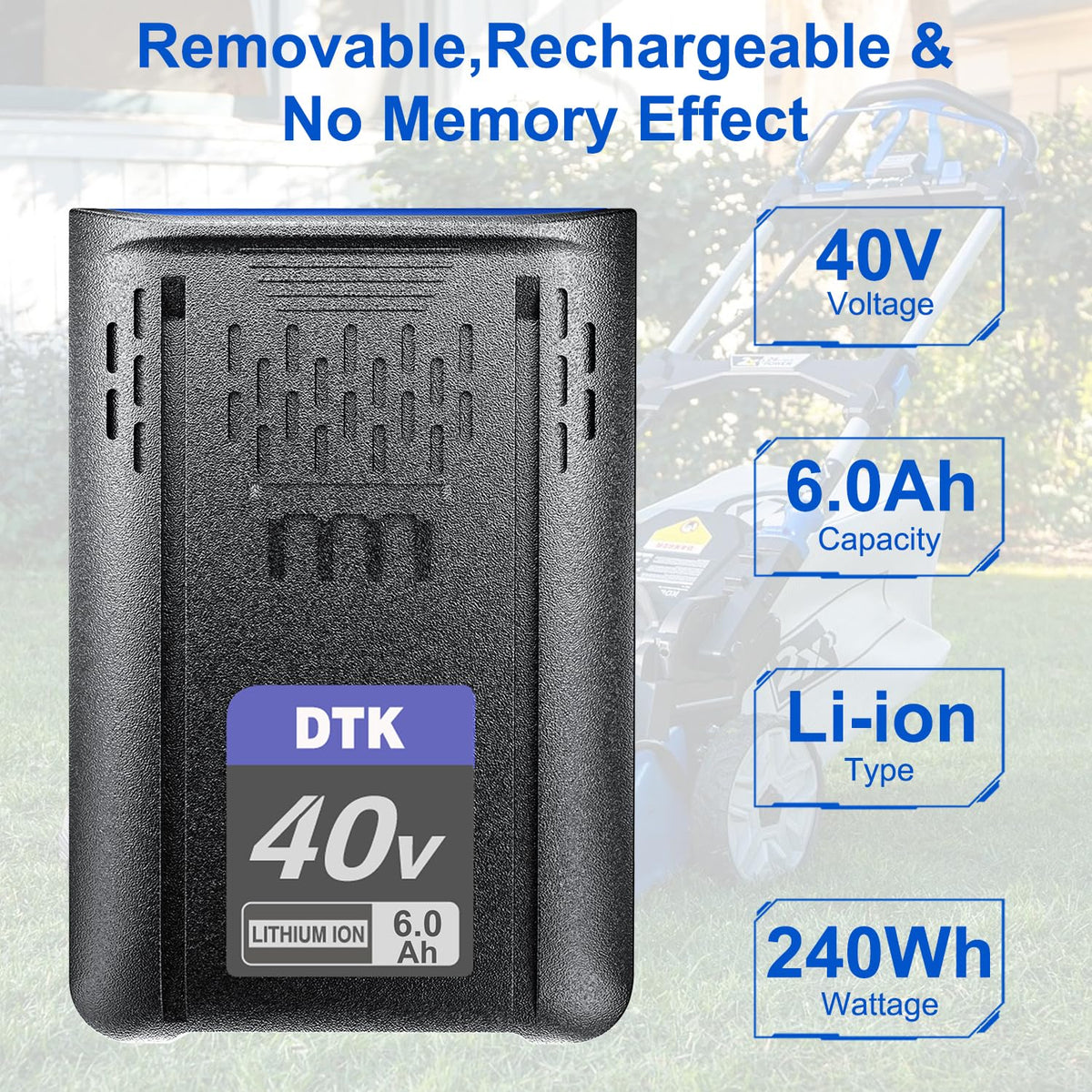 DTK Kobalt 40V battery side profile emphasizes compact design for easy handling.