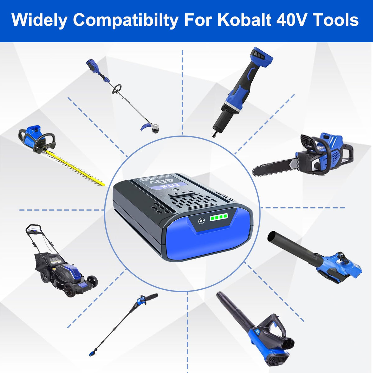 DTK Kobalt 40V battery with LED gauge for quick charge status.