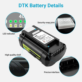 Ryobi 40V compatibility chart featuring DTK battery model
