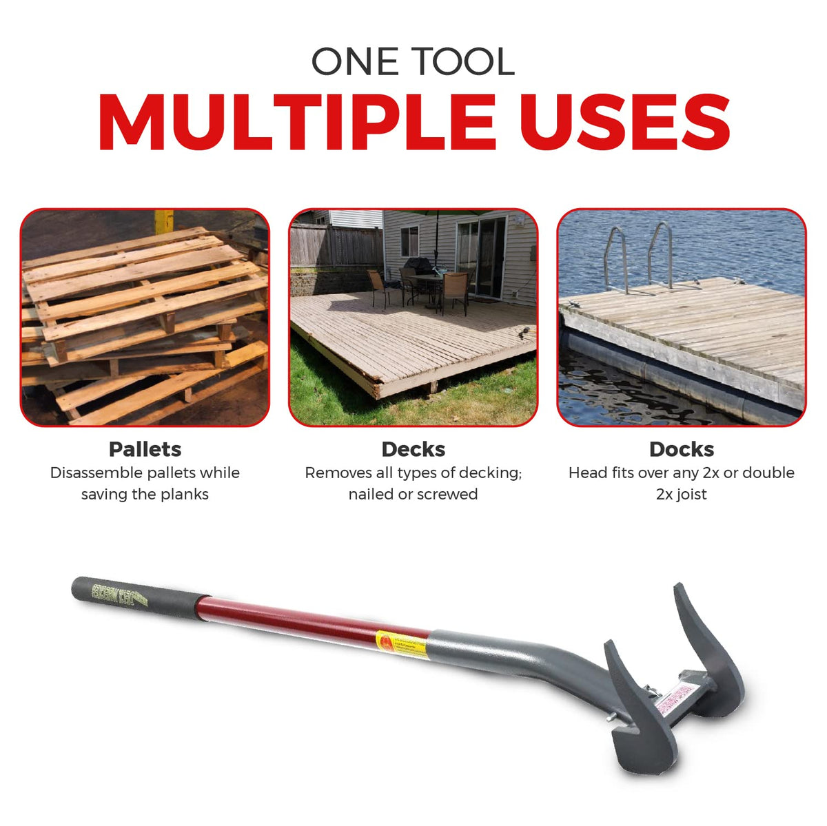Duckbill Deck Wrecker rotating head enables push or pull removal.