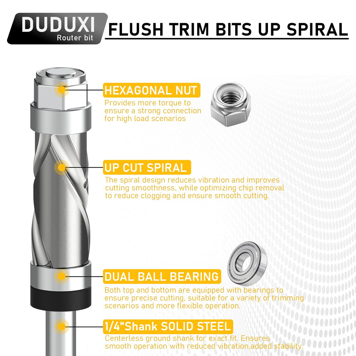 DUDUXI spiral up-down pattern flush trim bit for smooth wood surface finish