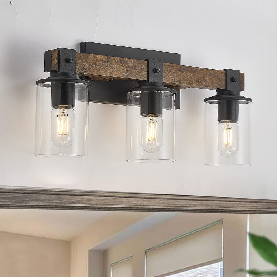 DUJAHMLAND farmhouse vanity light with wood base front view for rustic bathroom appeal