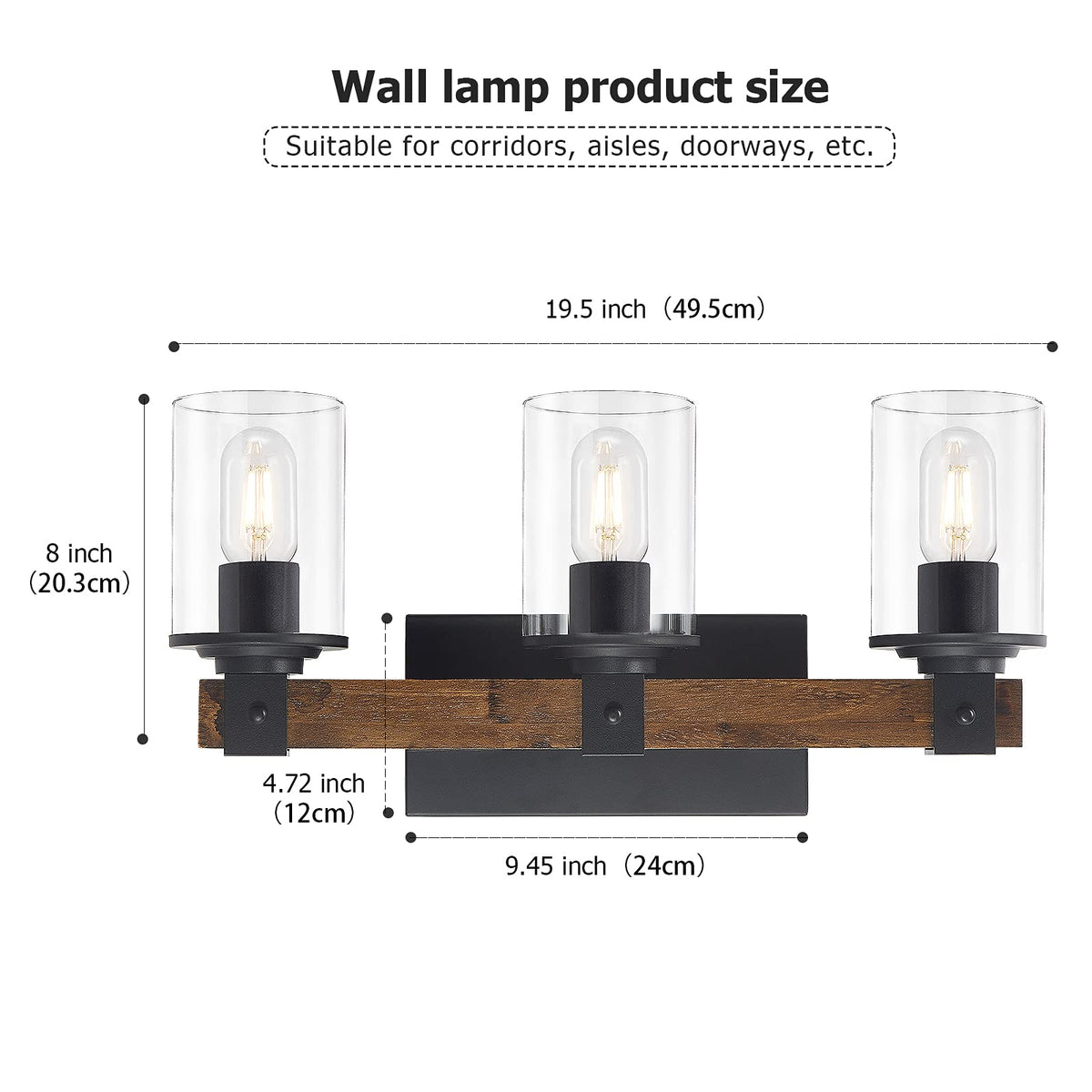 DUJAHMLAND 3-light vanity fixture showing dimensions and shade size