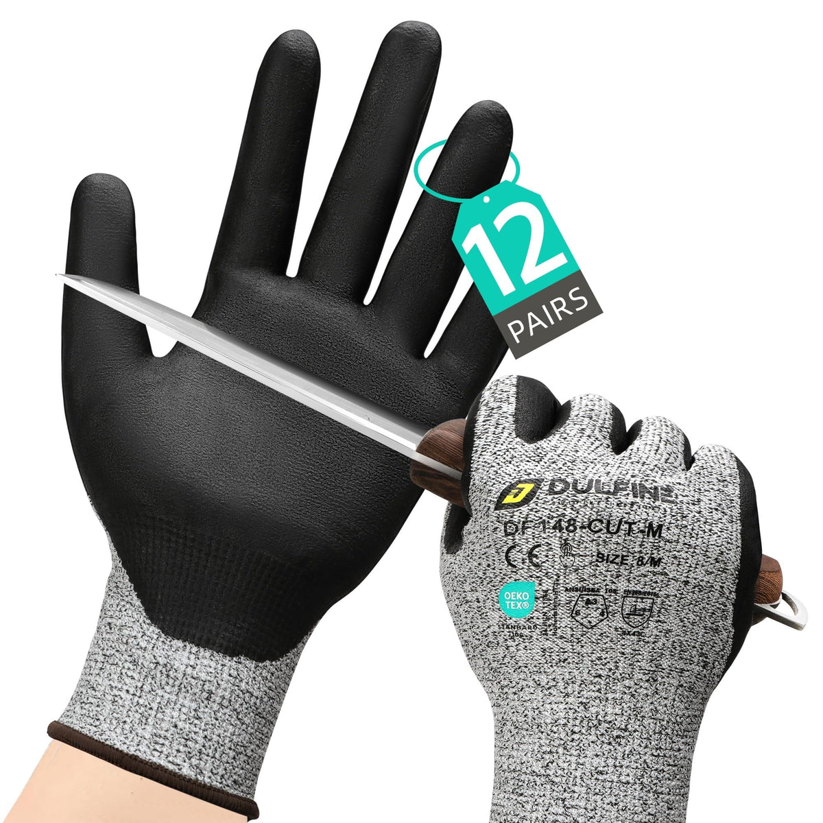 DULFINE A3 cut-resistant glove palm foam nitrile coating for secure grip in wet conditions.