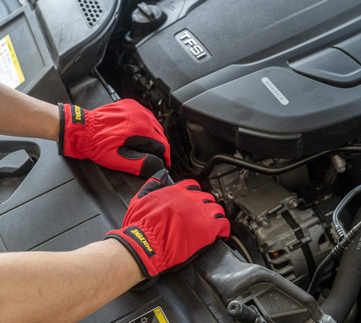 DULFINE gloves palm double-stitching emphasizes durability and secure grip on tools.