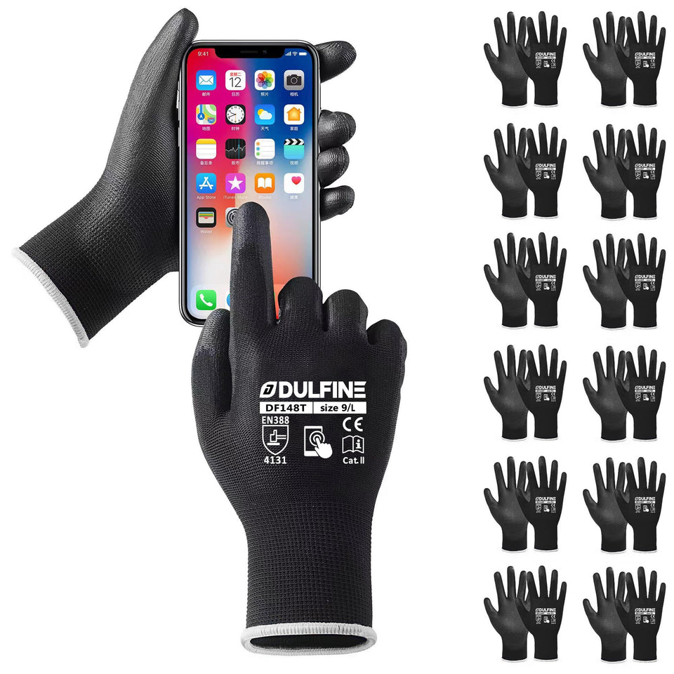 DULFINE safety gloves with PU-coated grip for abrasion resistance.