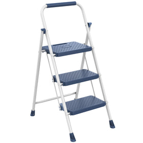 DUMOS 3-step folding ladder folded compact for storage in tight spaces.