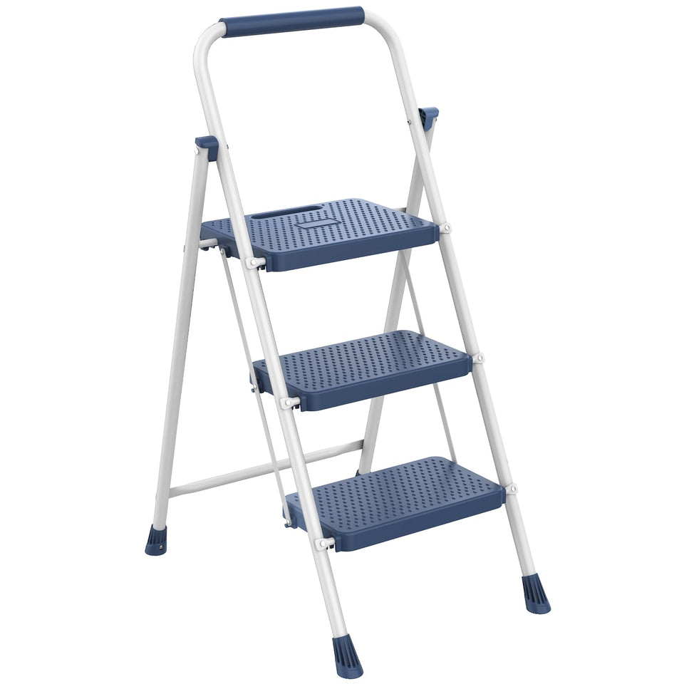 DUMOS 3-step folding ladder folded compact for storage in tight spaces.