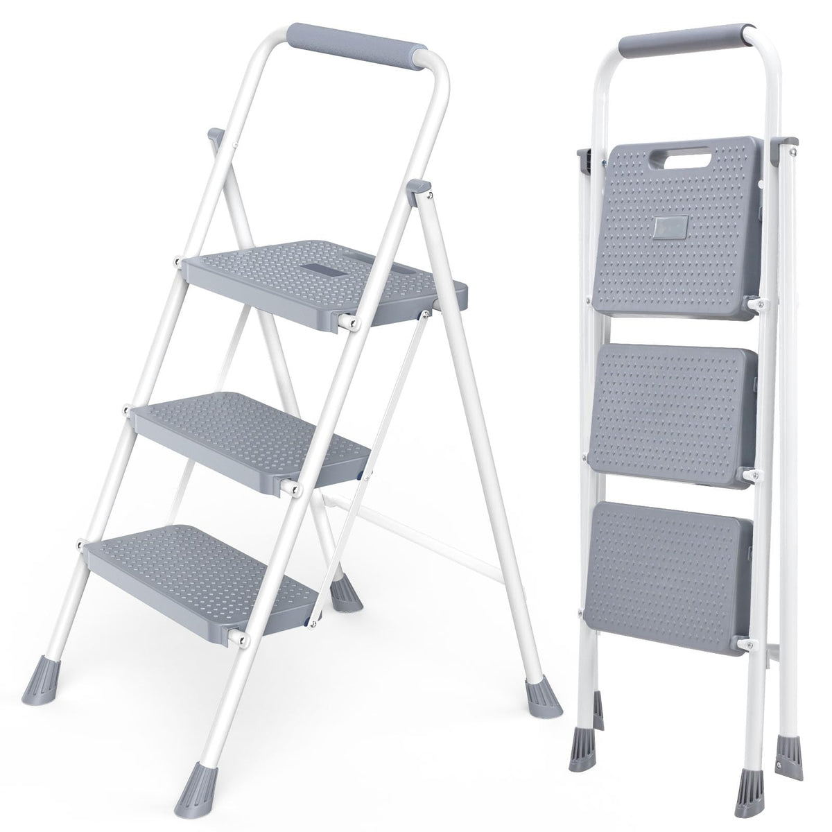 DUMOS Step Ladder folded profile showing compact storage in tight spaces