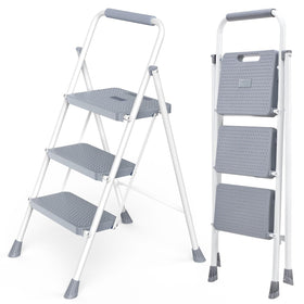 DUMOS Step Ladder folded profile showing compact storage in tight spaces