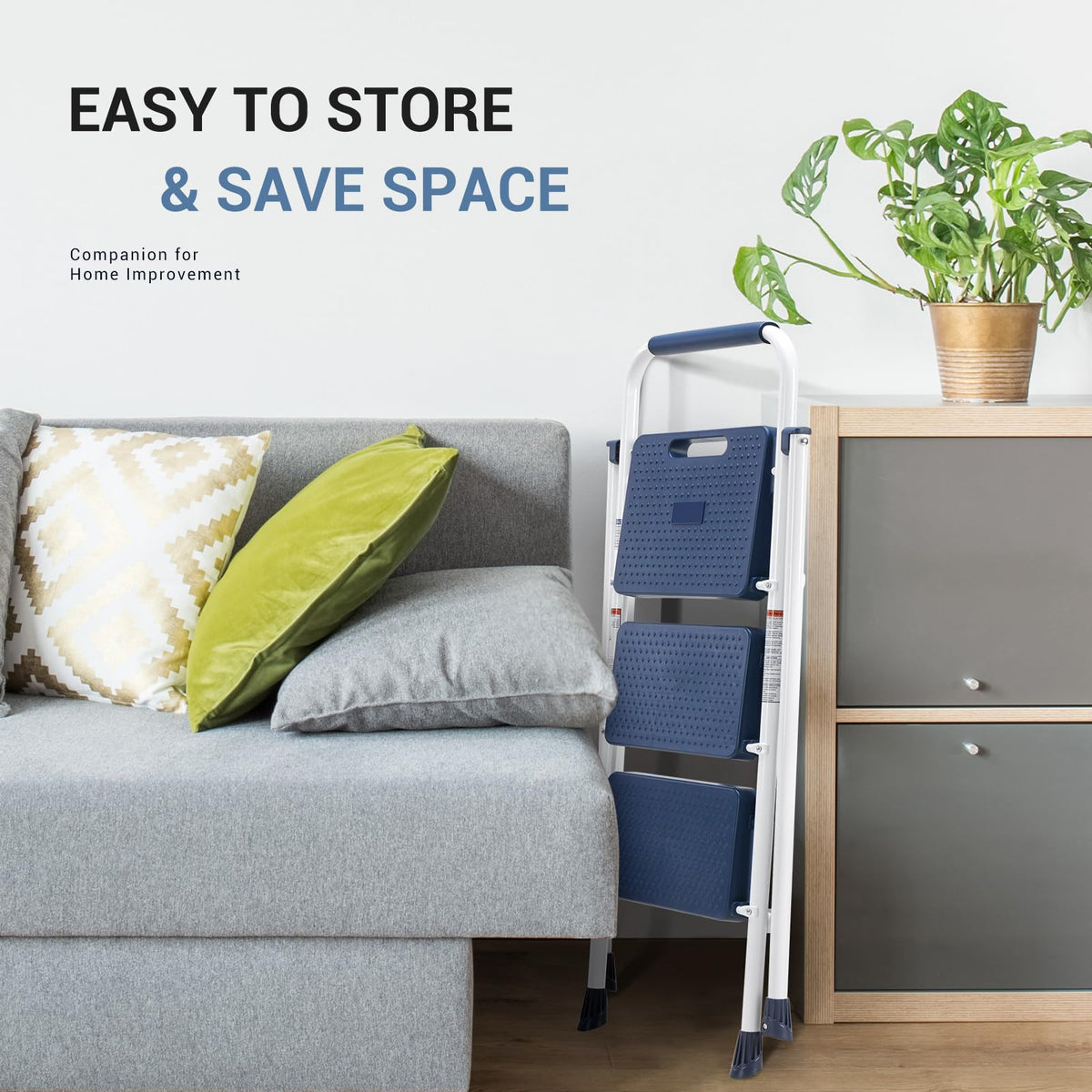 DUMOS step ladder with wide anti-slip pedals ensures stable footing.