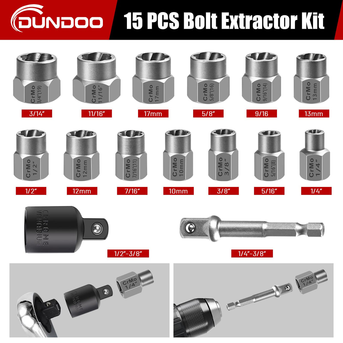 DUNDOO bolt extractor set spiral design grips bolts firmly during extraction