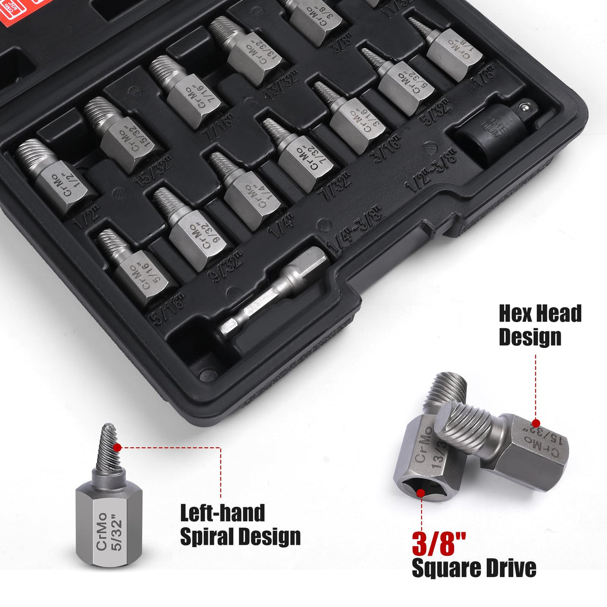 DUNDOO easy-out bolts compatible with power and hand tools for versatile use.