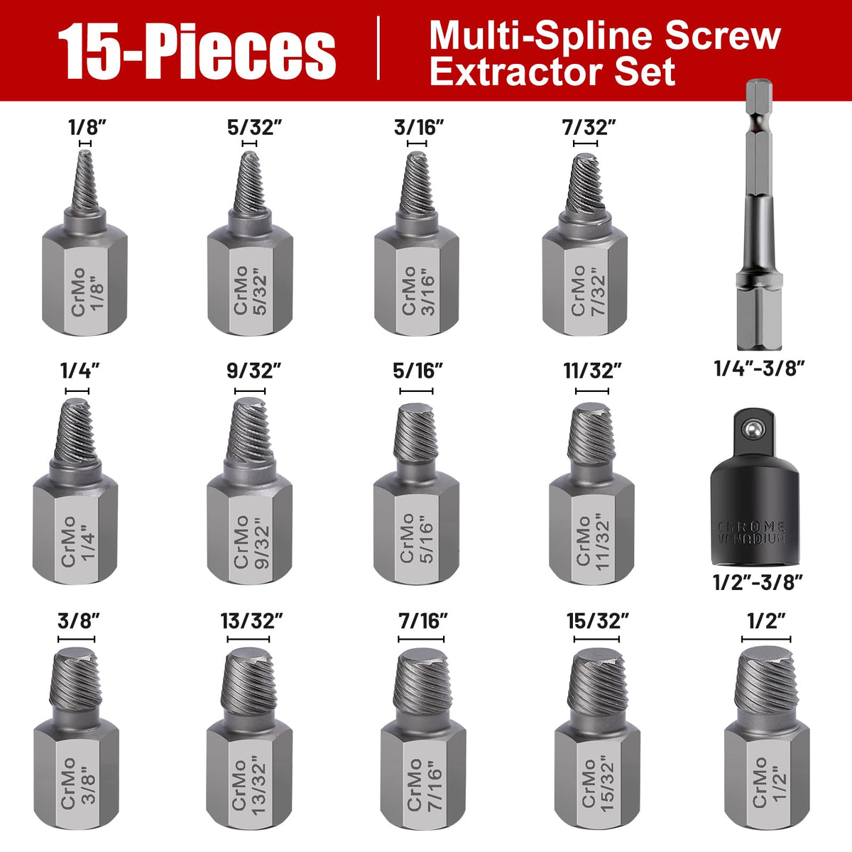 DUNDOO hex head multi-spline extractors provide a strong grip on stripped screws.