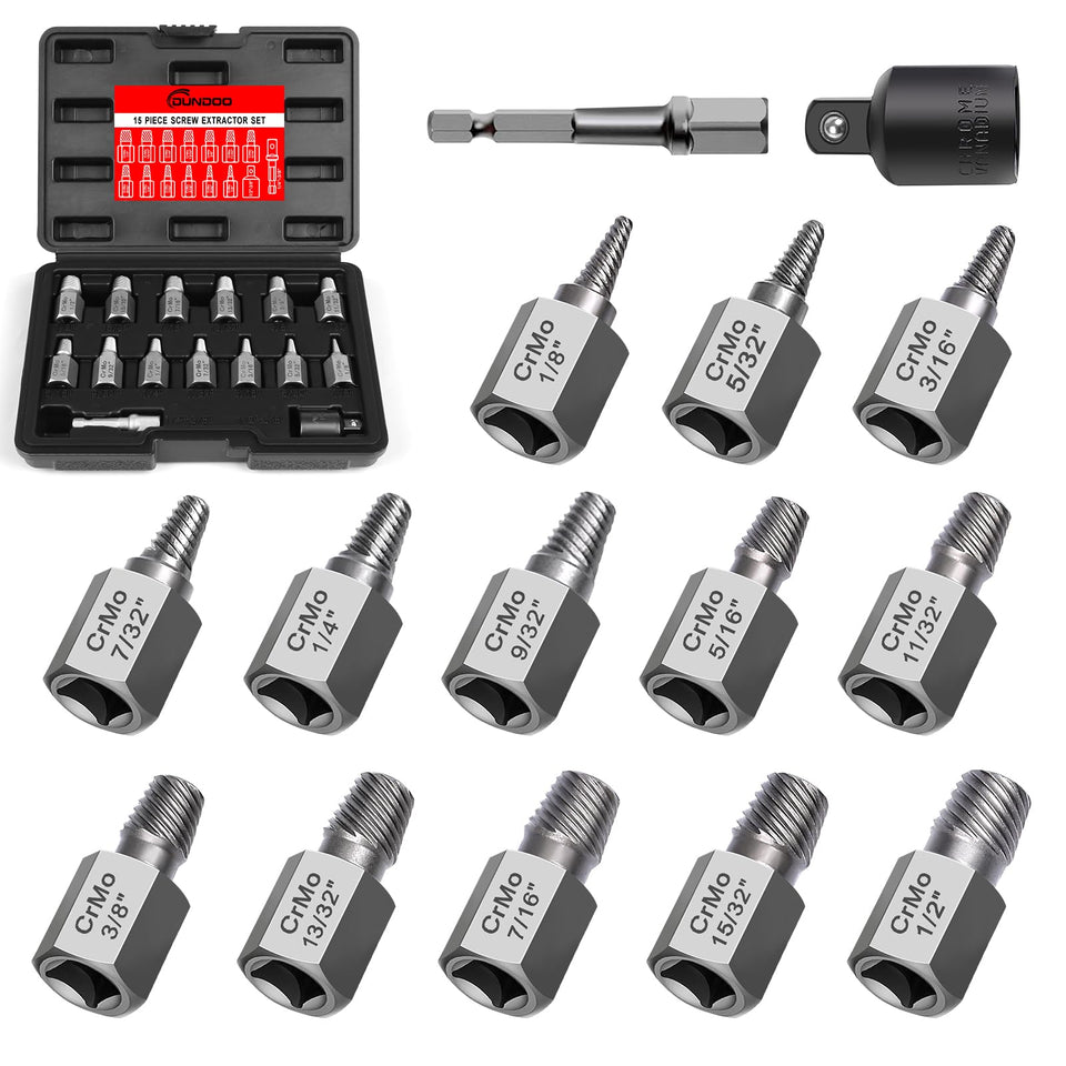 DUNDOO 15-piece screw extractor set with hex adapters for fast removal of damaged bolts.