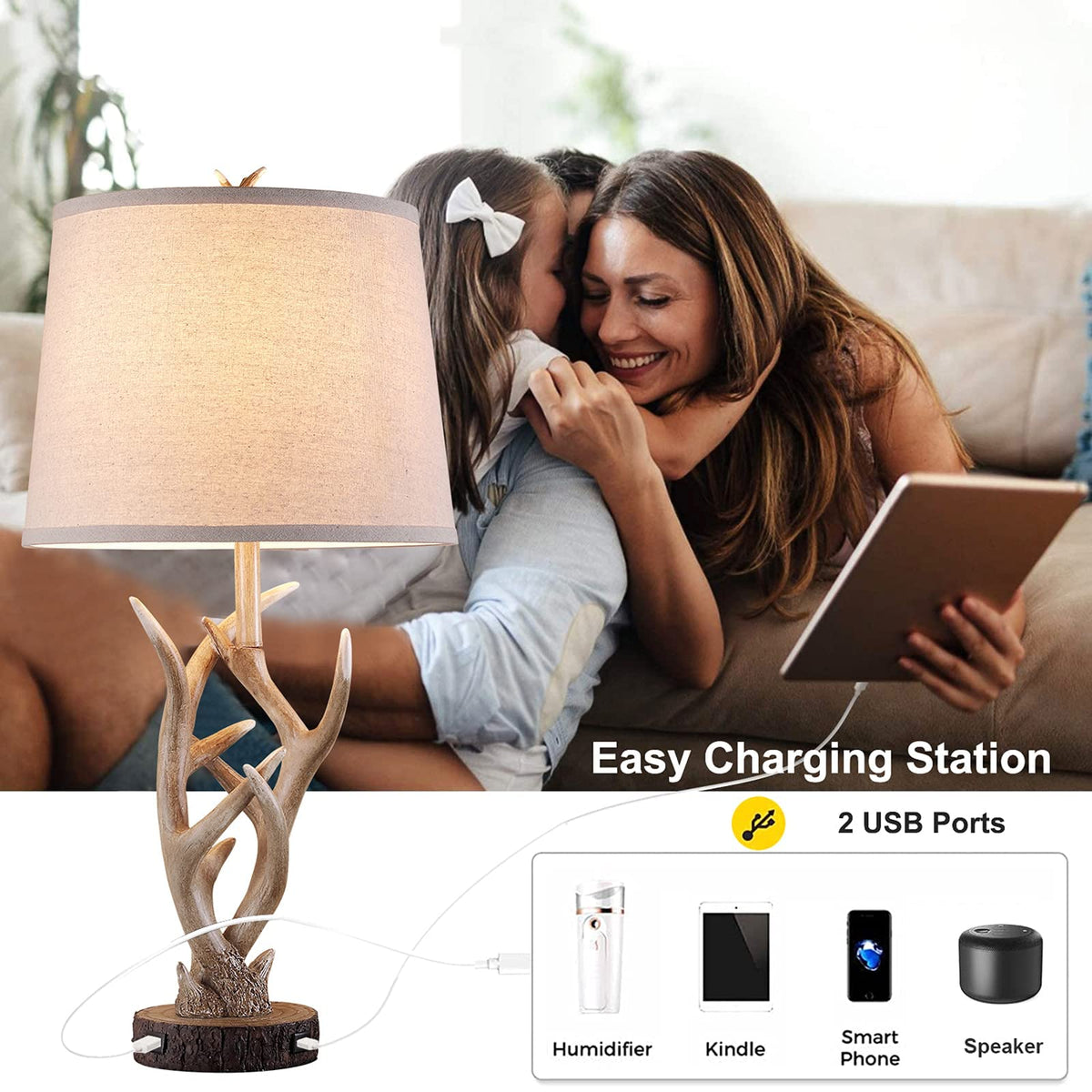 Dungoo 26-inch rustic lamp ideal for living room ambiance and safe plug-in use.