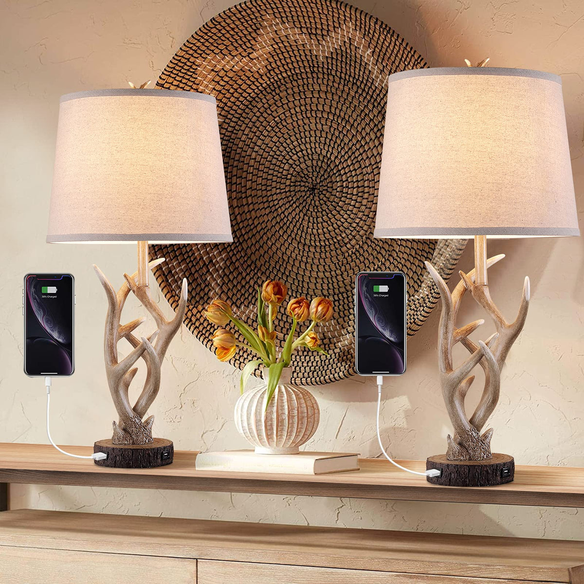 Dungoo Rustic Western lamp with antler design and USB ports for bedside charging.