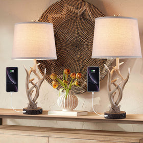 Dungoo Rustic Western lamp with antler design and USB ports for bedside charging.