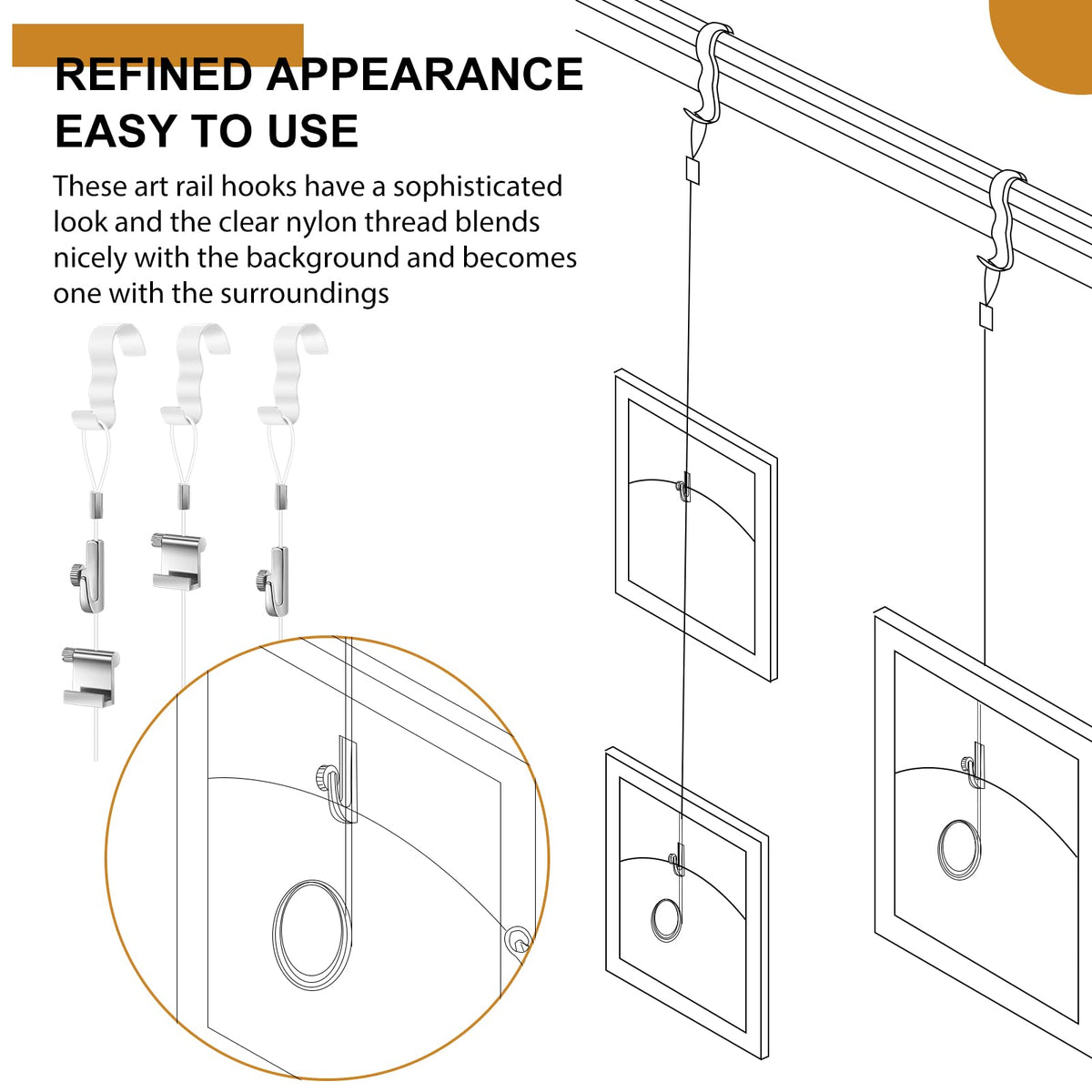 Dunzy adjustable J-shaped hooks for flexible, secure art installation.