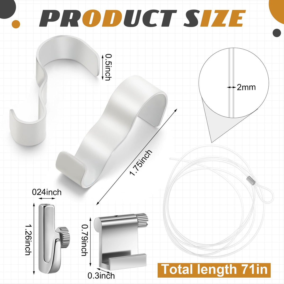 Dunzy invisible nylon cord, 71 inches, provides discreet support for hanging.
