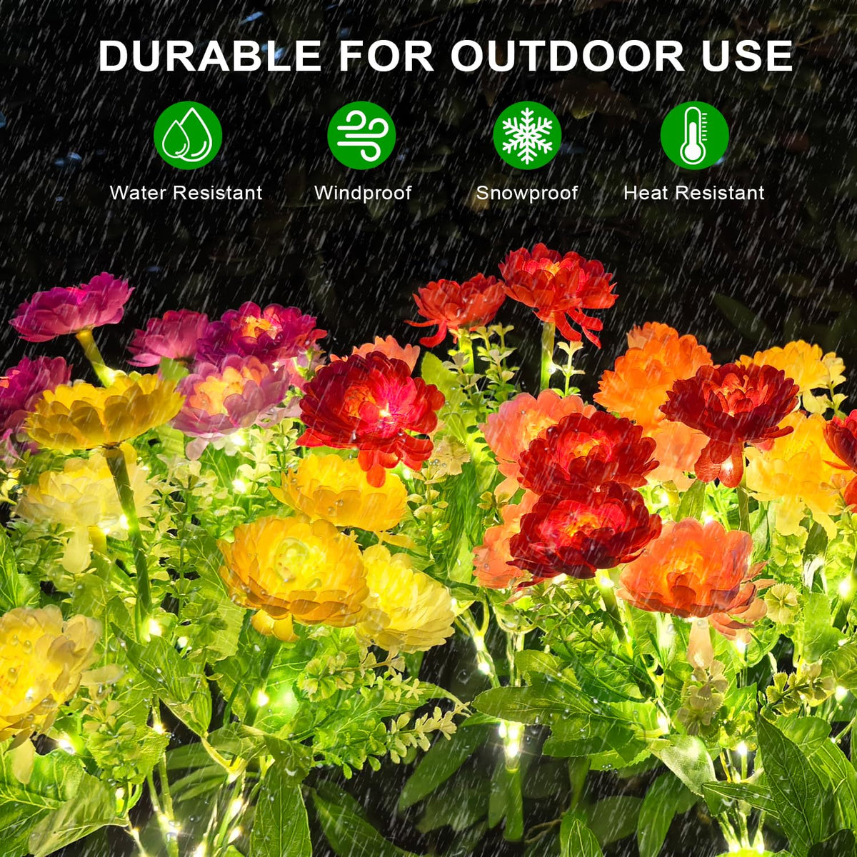 DUODEAN solar flowers glow warmly at night along walkways.
