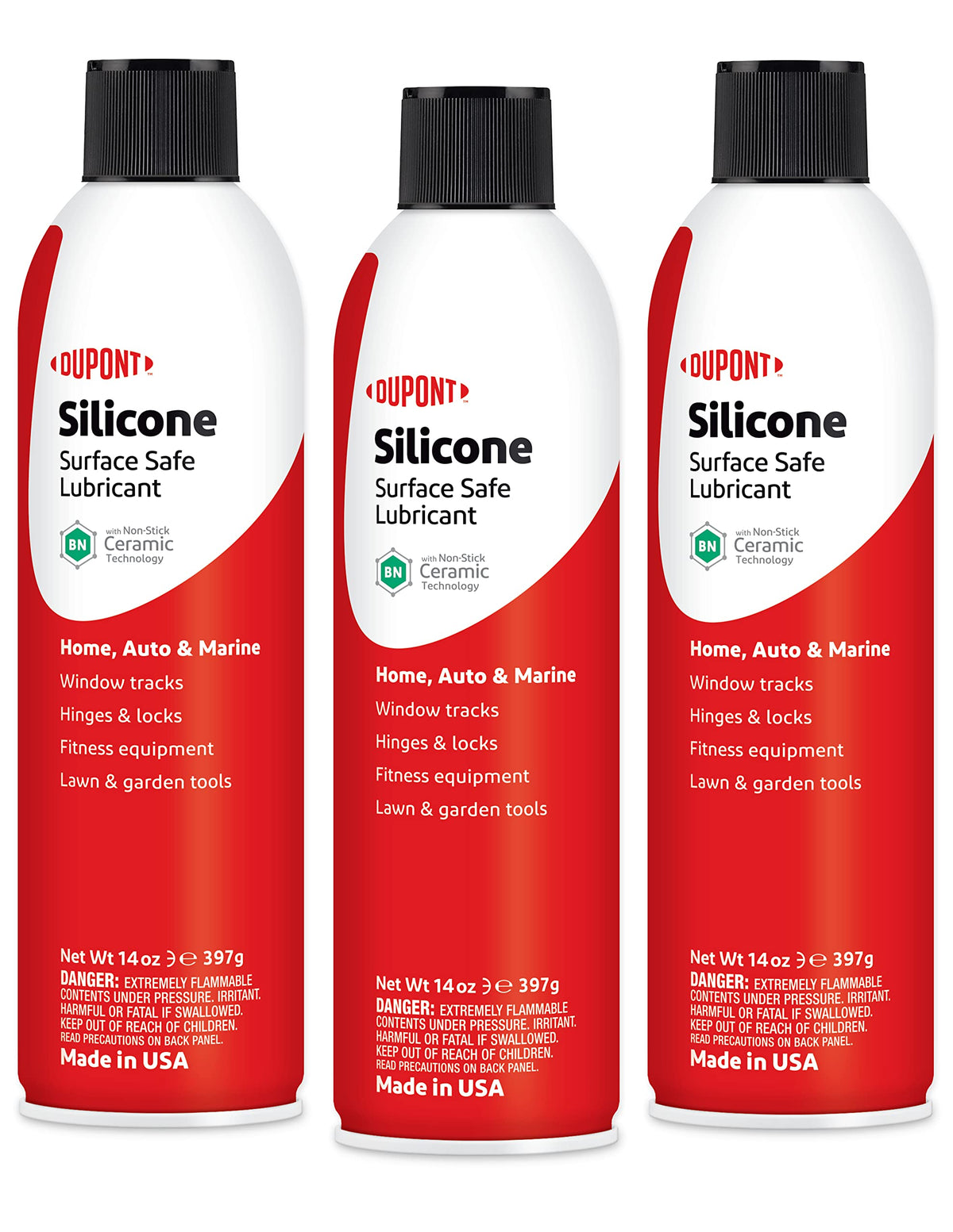 DuPont silicone lubricant 3-pack bottle pour demonstrates easy application for hinges and slides