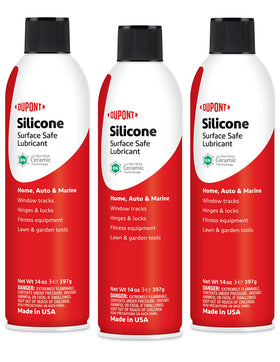 DuPont silicone lubricant 3-pack bottle pour demonstrates easy application for hinges and slides