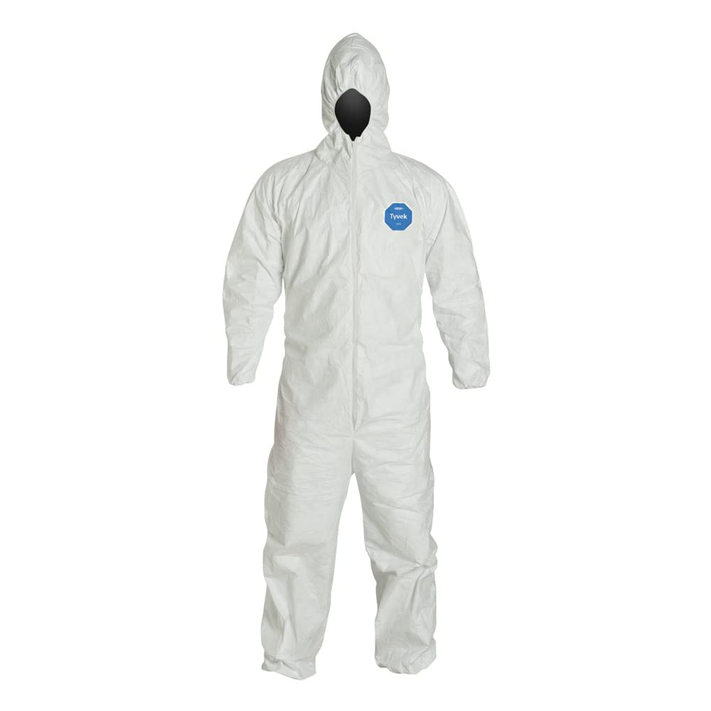 DuPont Tyvek 400 hooded coverall in white protects against dust during cleaning tasks.