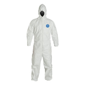 DuPont Tyvek 400 hooded coverall in white protects against dust during cleaning tasks.