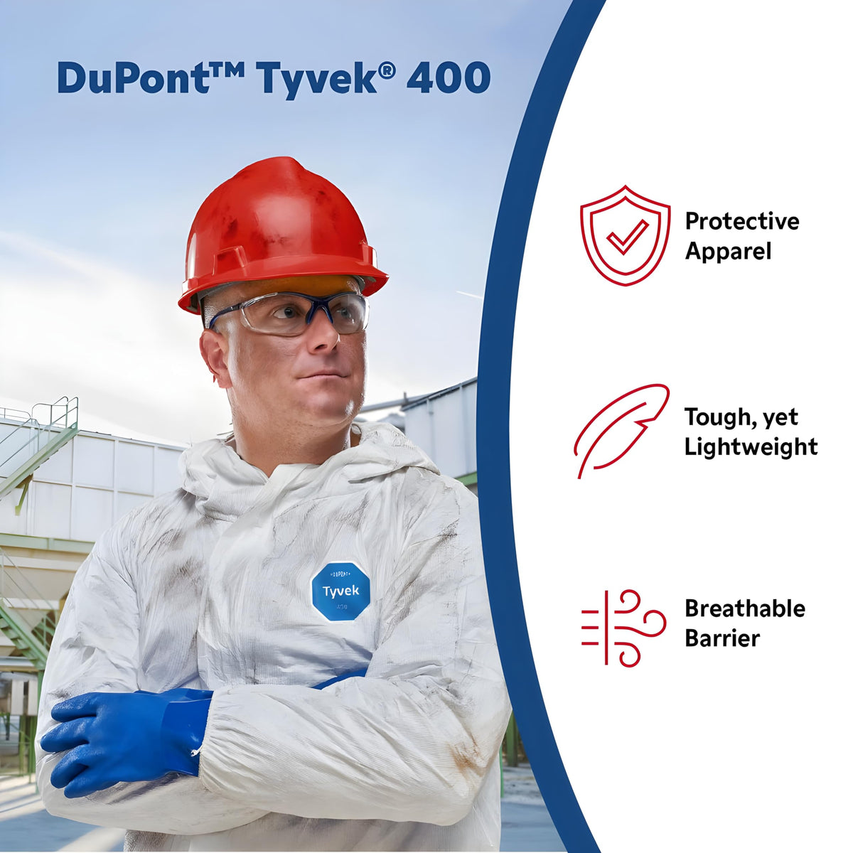 DuPont Tyvek 400 white coverall worn for sanitation and maintenance scenarios.