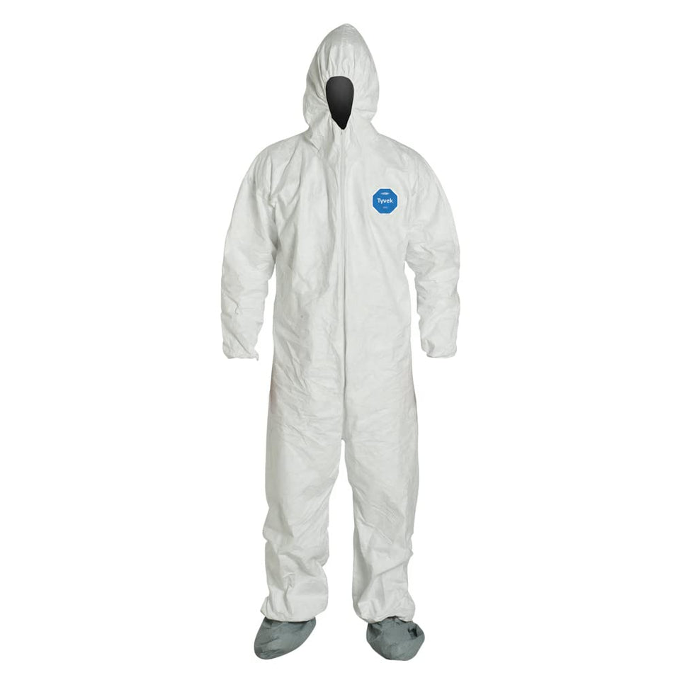 DuPont Tyvek 400 coverall front view with hood and boots for full-body protection.