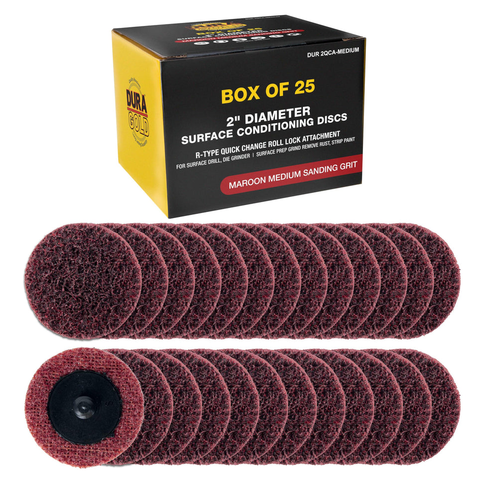 Dura-Gold 2-inch maroon sanding disc ready for rust removal.