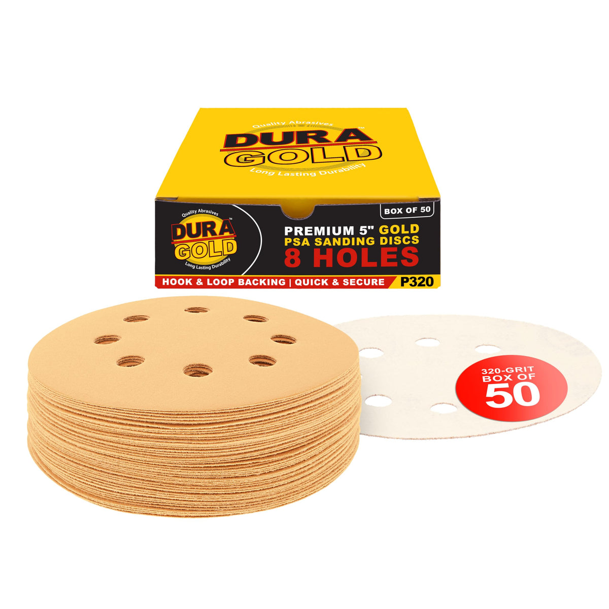 Dura-Gold 320 grit 5-inch disc with dustless 8-hole pattern for clean sanding