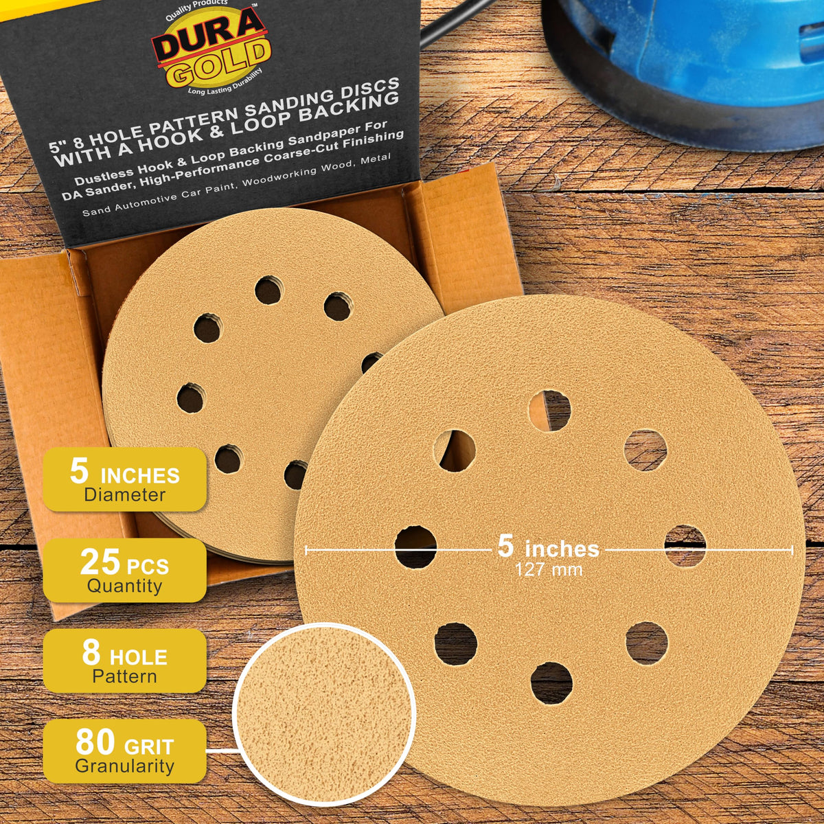 Dura-Gold 8-hole pattern enables dustless sanding with compatible backing plates.