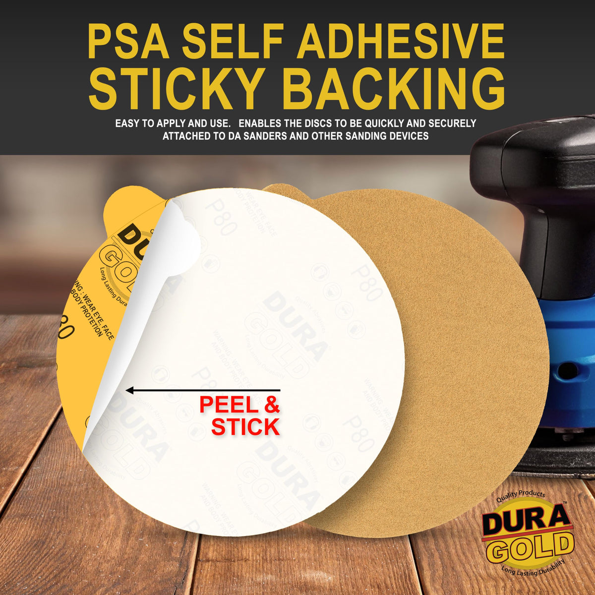 Dura-Gold 80 grit disc adhesive backing for secure DA sander attachment
