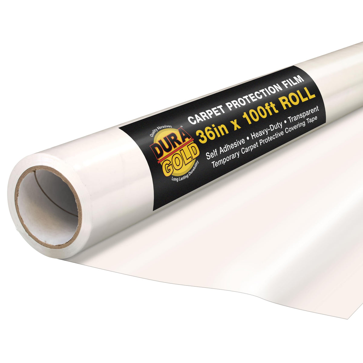 Dura-Gold carpet protection film roll ready for quick installation on stairs.