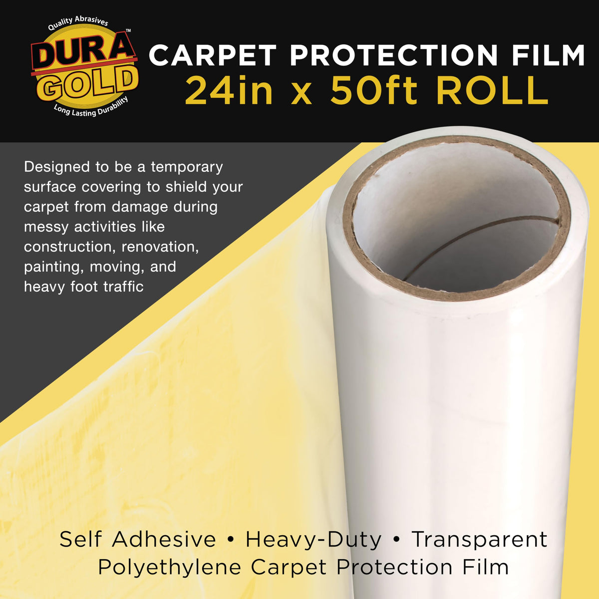 Dura-Gold clear carpet protector film shows through for visual planning.