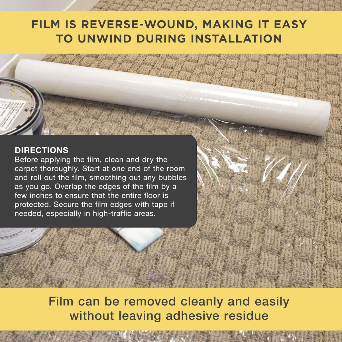 Dura-Gold easy install protective film on carpet for fast setup.