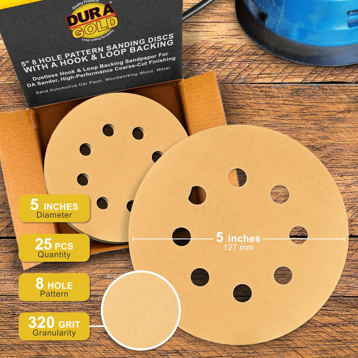 Dura-Gold hook-and-loop backing enables quick, secure mounting on orbital sander