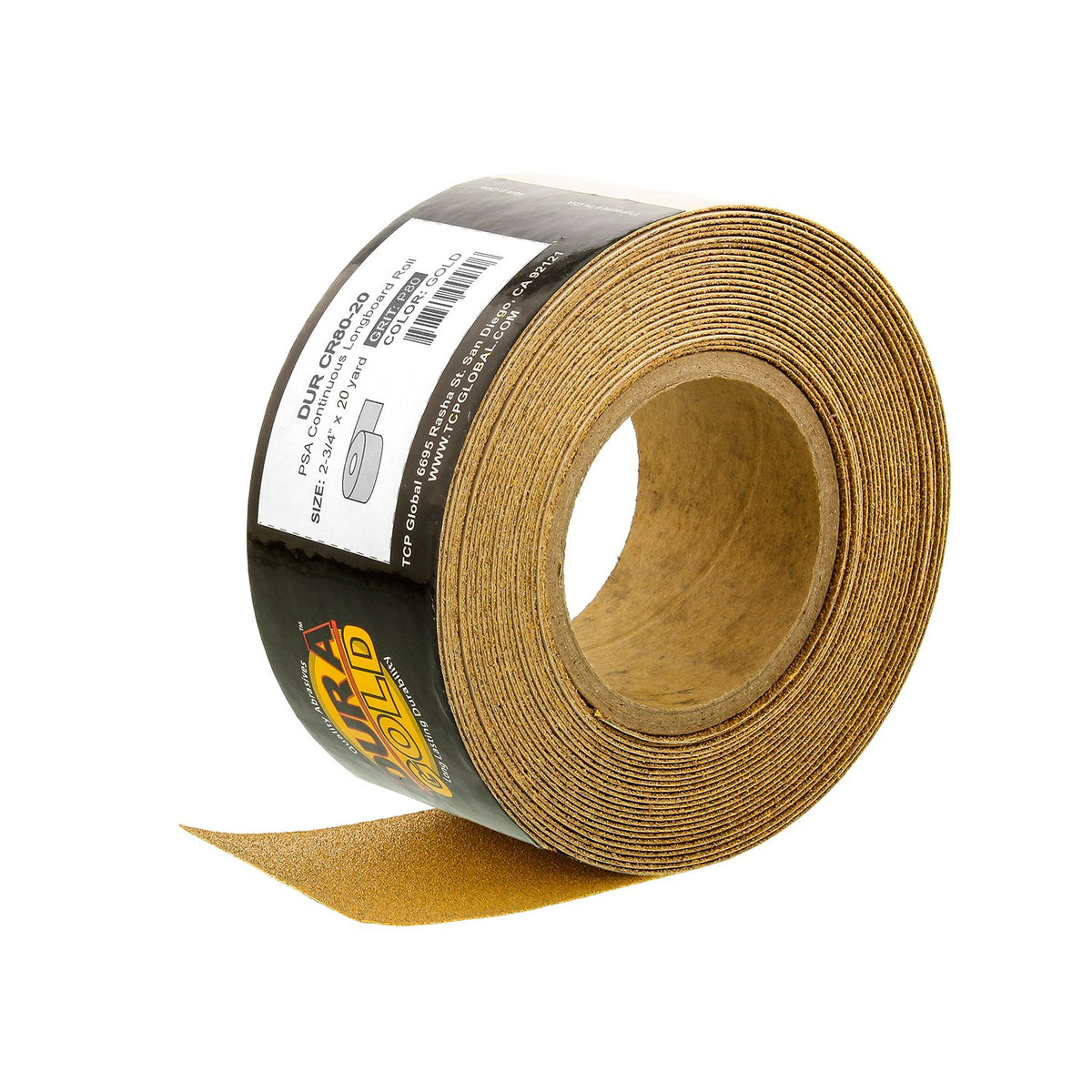 Dura-Gold longboard sandpaper roll 80 grit for fast smoothing on wood and metal.