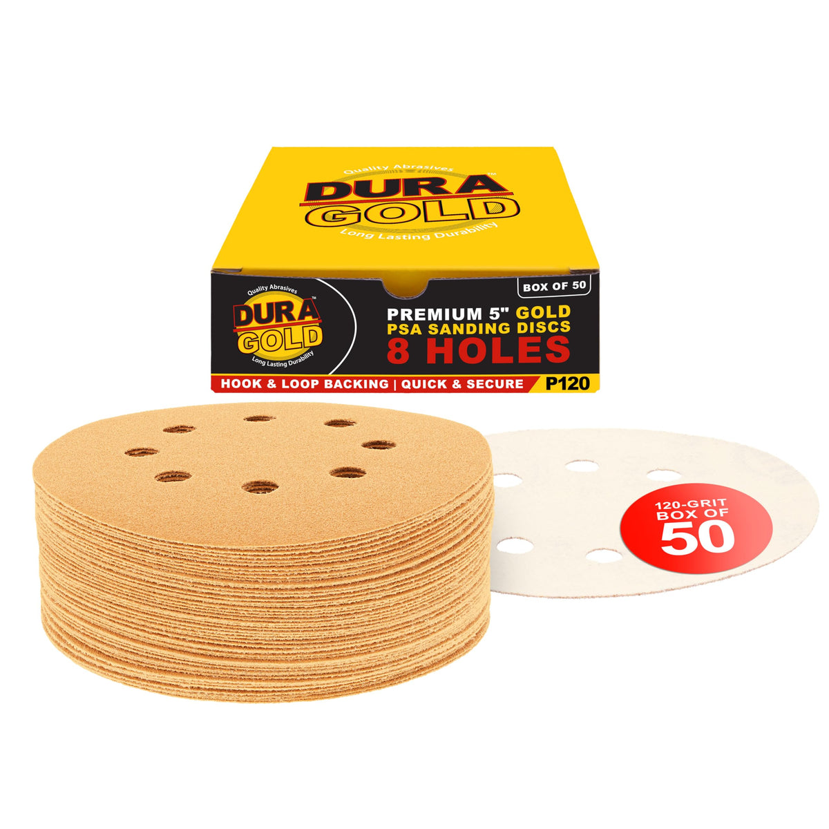 Dura-Gold premium 120 grit 5-inch disc with 8-hole pattern for dustless sanding.