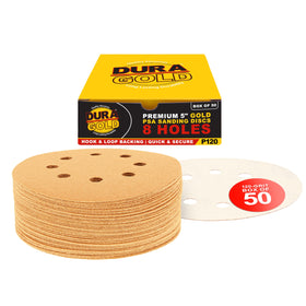 Dura-Gold premium 120 grit 5-inch disc with 8-hole pattern for dustless sanding.