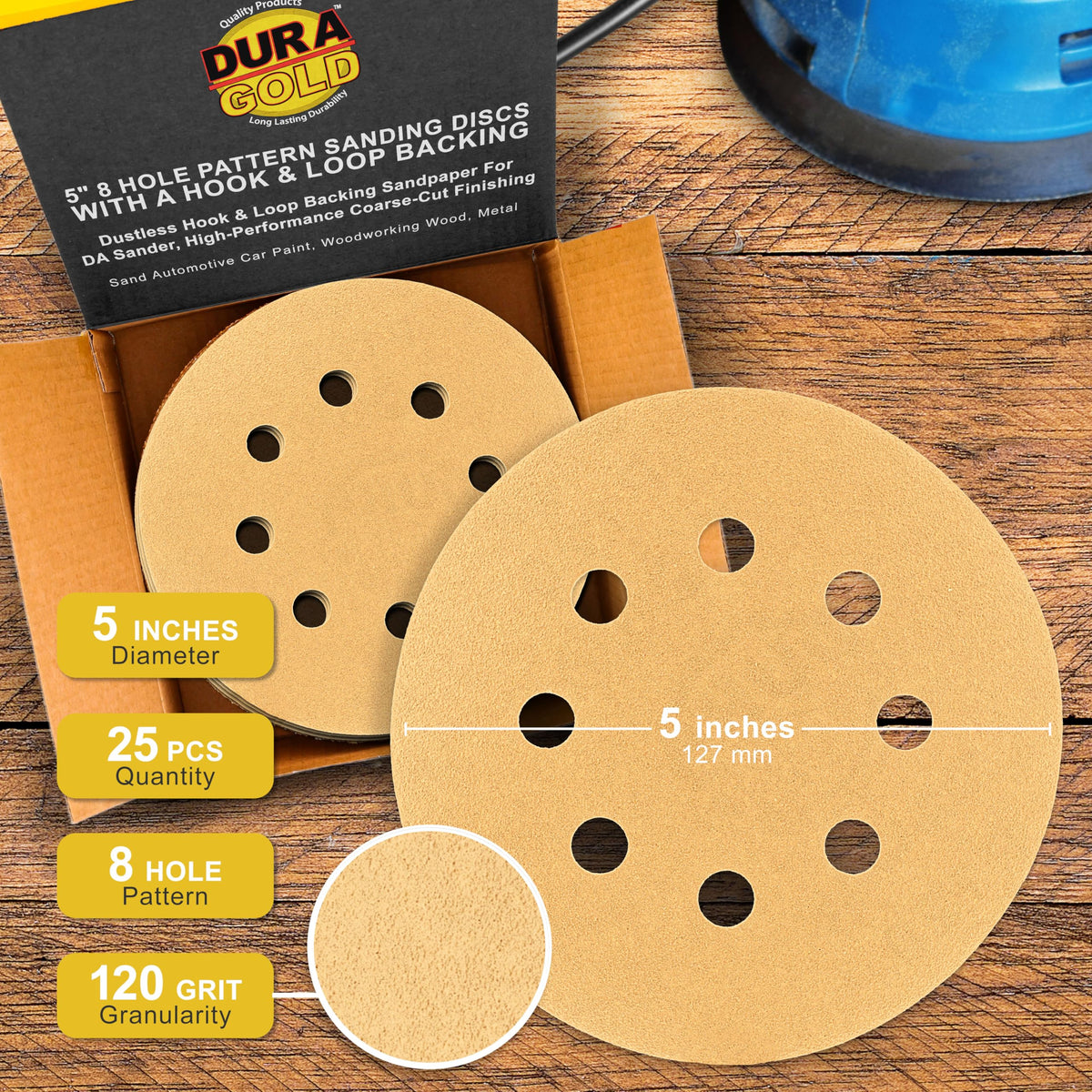 Dura-Gold 5-inch sanding disc with hook-and-loop backing for quick changes.