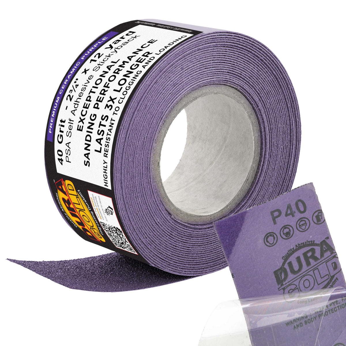 Dura-Gold premium 600‑grit purple film longboard roll delivering fast cuts on metal and wood.
