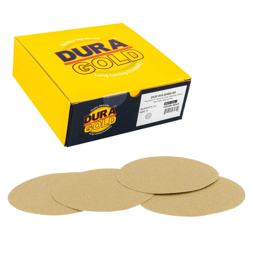 Dura-Gold premium 6-inch hook-and-loop discs for quick, secure attachment.