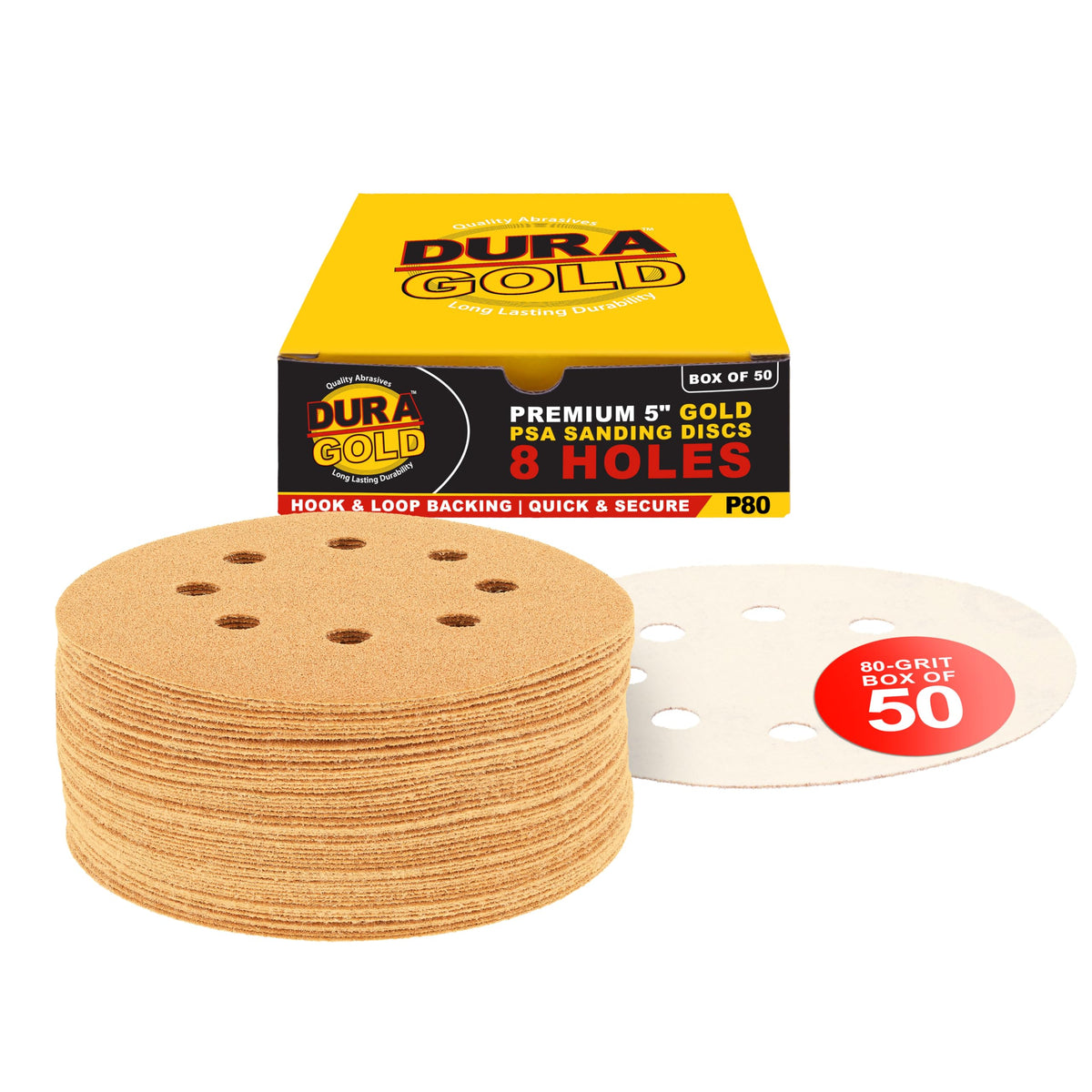 Dura-Gold premium 80-grit 5-inch sanding disc with hook-and-loop backing for quick changes.