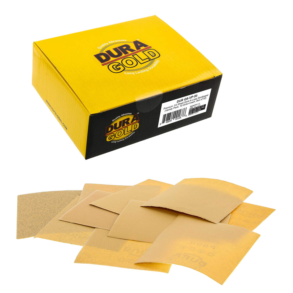 Dura-Gold premium 80-grit sandpaper on a 1/4-sheet backing for rapid material removal on wood