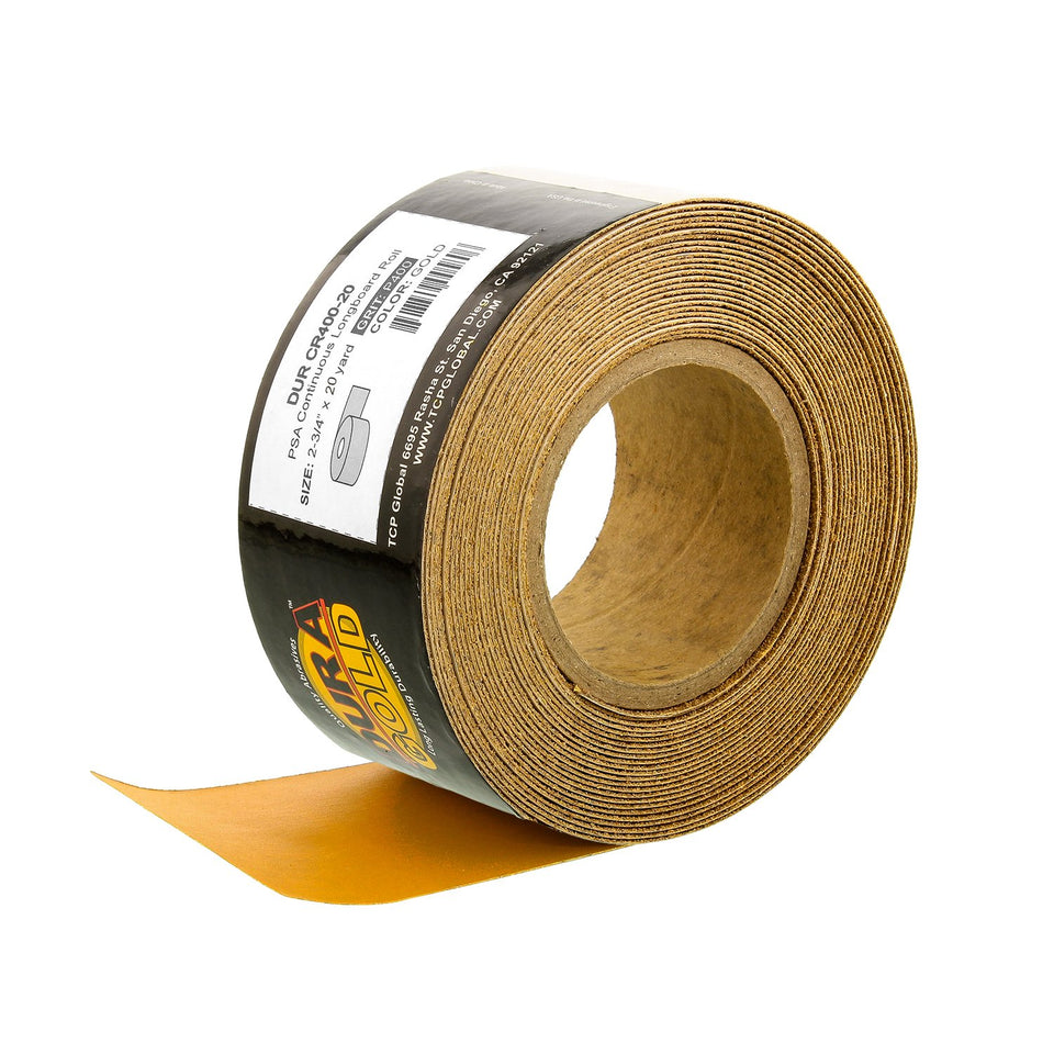 Dura-Gold Premium Gold 400 Grit longboard roll for smooth, fast sanding on large surfaces.
