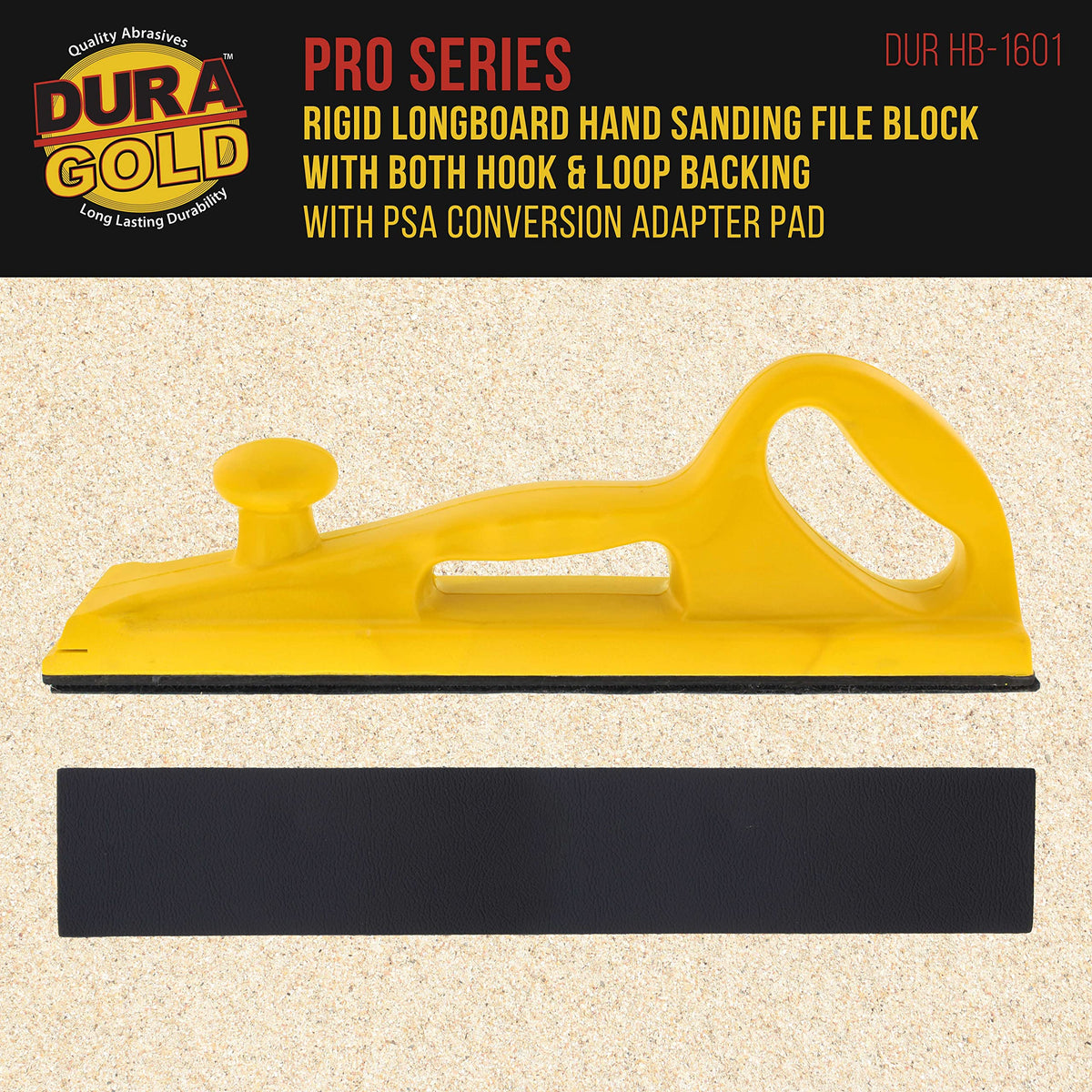 Dura-Gold Pro Series longboard file block side view highlighting secure grip for control.