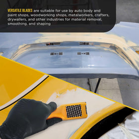 Dura-Gold rasp blade smoothing a curved wood or fiberglass surface.